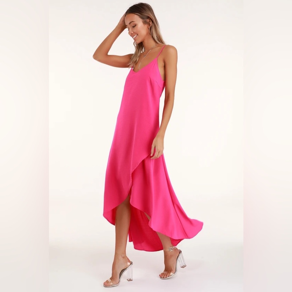 Lulus Sweet Surprise Bright Pink High-Low Maxi Dress